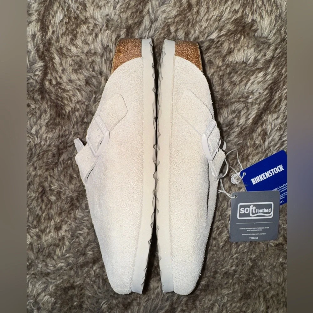 Birkenstock Boston Mules Antique White Suede Leather Slides - Picture 3 of 8